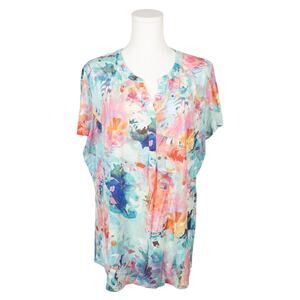 Liz Claiborne XL Tee Short Sleeve No Collar V-Neck Blue Multicolor